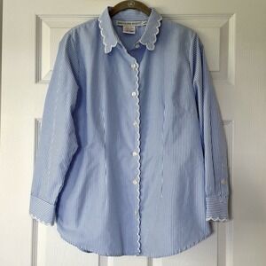 Gretchen Scott Top Women's Large Blue White Button Up Striped Blouse Preppy